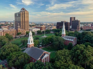 Wall Mural - Church on the New Haven Green and buildings in downtown New Haven, Connecticut, United States.