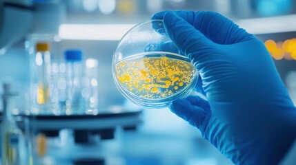Poster - A scientist in a blue glove holds a petri dish filled with bacterial cultures under bright laboratory lights for analysis. Generative AI