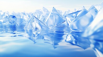 Leinwandbilder - Glowing icy crystals create intricate geometric shapes, casting reflections on a tranquil blue backdrop that evokes a sense of calm. Generative AI