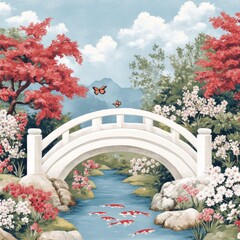 Sticker - A serene landscape featuring a white bridge over a stream with koi fish.