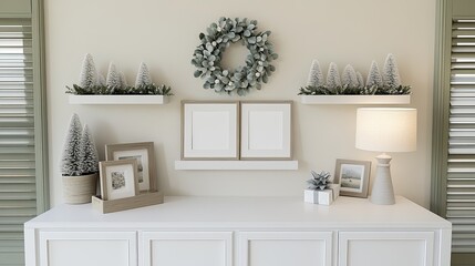 Canvas Print - A stylish empty canvas mockup in a warm, inviting room decorated for the holiday season with a Christmas wreath and garland