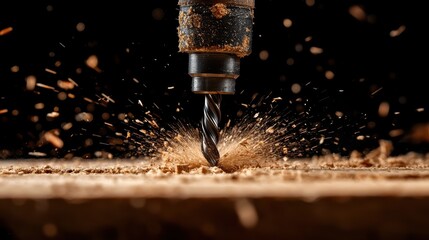 An action-packed image of a drill bit shattering wood and creating intense sparks, capturing the raw energy and power involved in heavy-duty craftsmanship.