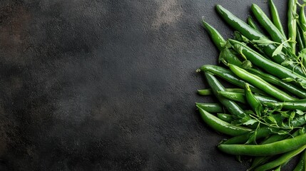 A collection of fresh, vibrant green peppers lies on a dark stone surface, arranged artistically, symbolizing harvest, health, and rustic simplicity.