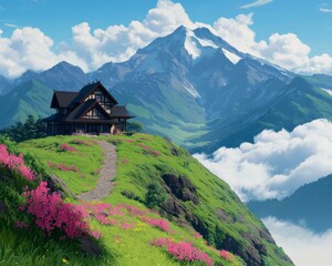 Canvas Print - A serene mountain landscape featuring a cozy house amidst vibrant flowers.