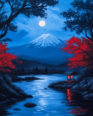 Wall Mural - A serene night landscape featuring a mountain, river, and lanterns.