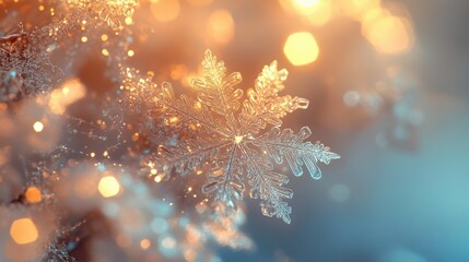 Aufkleber - Delicate, glowing snowflakes create an enchanting display with icy hues and shimmering lights, evoking a cold winter atmosphere. Generative AI