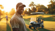 © Artem Zatsepilin - smiling african american male golfer enjoying beautiful sunset on course. golf player standing in front of caddy, banner with copy space. prestige, success and lifestyle of wealth and prosperity