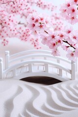 Sticker - A serene scene featuring a white bridge and cherry blossoms over sand.