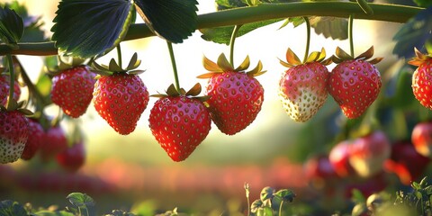 Fresh, ripe strawberries hanging from a lush green plant in a sunny garden, showcasing vibrant red color and dew drops.