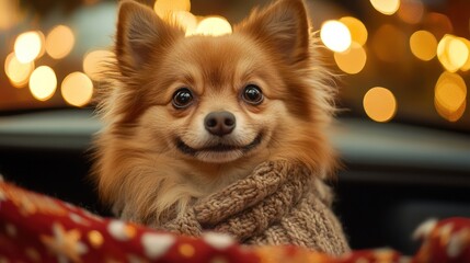 Wall Mural - A small, fluffy, brown dog wearing a brown knitted sweater and sitting on a red and white patterned blanket. The dog is smiling at the camera and there are warm, golden lights in the background.