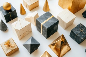 Aufkleber - A creative display showcases an array of geometric gift boxes made from different materials, adding a modern touch to any festive occasion. Generative AI