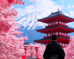 Wall Mural - A serene view of a person in traditional attire amidst cherry blossoms and mountains.