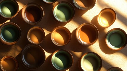 Aufkleber - A collection of circular tea cups in warm shades of brown and green create a visually appealing arrangement on a wooden surface. Generative AI