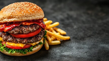 A large, double-stacked cheeseburger featuring fresh tomatoes, crispy lettuce, and golden cheese, served alongside a generous portion of crispy fries on a dark table.