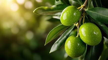 A close-up of vibrant, shiny green olives clinging to an olive tree branch amidst lush foliage, captured in natural sunlight, exemplifying Mediterranean bounty.