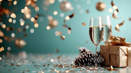 Two champagne glasses with bubbles beside wrapped gifts and metallic confetti on a teal background, evoking a festive and celebratory atmosphere.