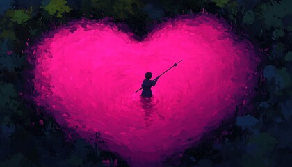 Canvas Print - A silhouette in a heart-shaped pink pond, symbolizing love and connection.