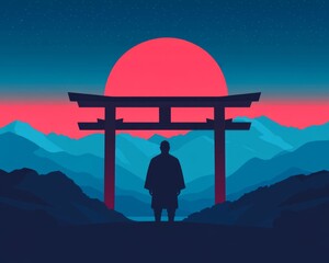 Wall Mural - A silhouette of a figure in front of a torii gate at sunset in mountains.