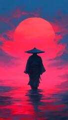 Canvas Print - A silhouette of a figure in traditional attire walking towards a vibrant sunset.