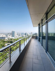 Modern high-rise balcony overlooking urban skyline with glass windows, horizontal railings and lush green trees dotting the cityscape below