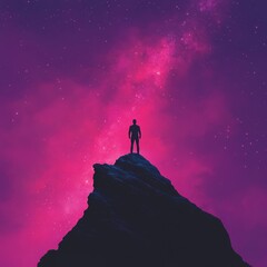 Sticker - A silhouette of a person standing on a peak under a starry, colorful sky.