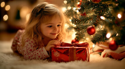 Wall Mural - Joyful child unwrapping christmas present by festive tree