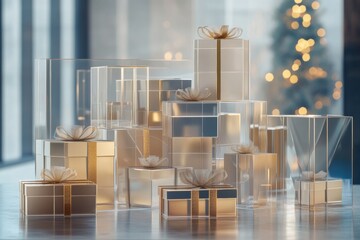 Aufkleber - Beautifully designed transparent gift boxes are arranged with warm bokeh lights, creating a festive atmosphere. Generative AI