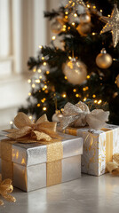 Wall Mural - Elegant christmas tree and gift boxes with gold and silver decorations