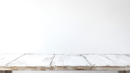 Empty wooden white table over white wall background. Product display.