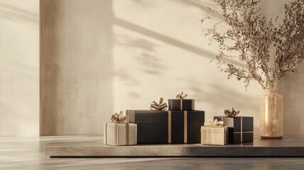 Aufkleber - Elegant geometric gift boxes are beautifully displayed in a modern space, illuminated by soft natural light, enhancing their sophisticated look. Generative AI