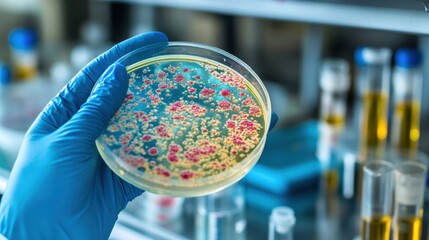 Aufkleber - A researcher is studying colorful bacterial colonies in a petri dish while working in the laboratory environment. Generative AI