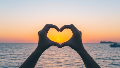 Poster - A silhouette of hands forming a heart shape against a sunset over the sea.