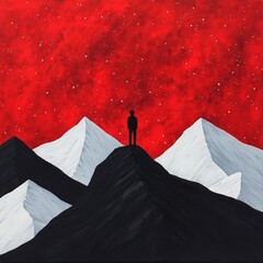 Canvas Print - A silhouette stands atop a mountain against a striking red starry sky.