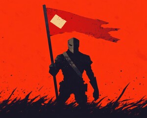 Wall Mural - A silhouetted figure holding a flag against a bold red background.