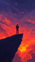 Canvas Print - A silhouette stands on a cliff against a vibrant sunset, with hearts above.