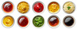 © Masmas - Sauces top view. Bowls with ketchup, mustard, pesto sauce, soy and hot sauce, mayo and worcestershire sauce isolated on transparent background. Cut out sauces view from above