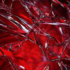 An intricate broken glass texture creating an abstract design against a vibrant red background, with light catching the sharp edges and creating dynamic reflections