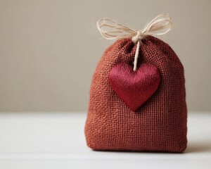 Canvas Print - A small brown fabric pouch with a red heart decoration.