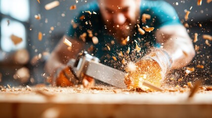 A focused craftsman uses a hand saw on wood, surrounded by flying sawdust, highlighting dedication and skill contrasted with dynamic, energetic movement.