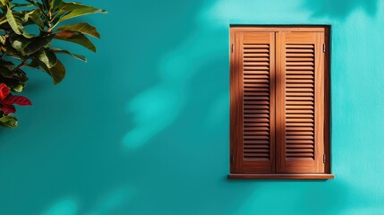 A vibrant teal wall is accentuated by the light streaming through wooden shutters, contributing to a tropical aesthetic and creating dynamic, sunlit patterns across the surface.