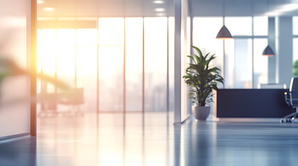 Aufkleber - Beautiful blurred background of a light modern office interior with panoramic windows and beautiful lighting 