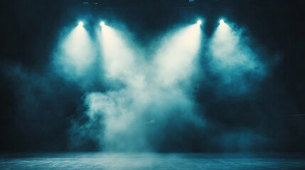 Sticker - Empty concert stage with illuminated spotlights and smoke Stage background with copy space