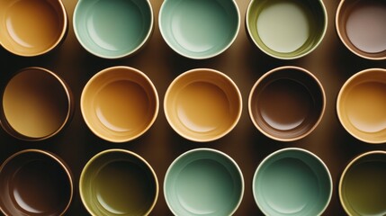 Aufkleber - Colorful cups arranged in a circular pattern create an inviting atmosphere for afternoon tea, showcasing warm brown and green hues. Generative AI