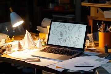 Aufkleber - A warm, inviting workspace features a laptop displaying designs amid scattered sketches and various stationery items in the evening. Generative AI