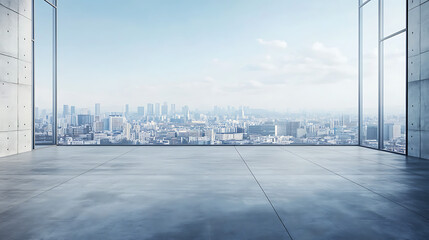 Poster - Concrete floor or slab empty space or area in showroom shop or store Background design with blue sky and urban city for product display and concept of car sale auto automobile automotive 
