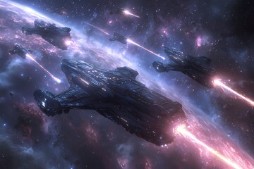 A fleet of futuristic spacecraft firing energy beams in a cosmic scene.