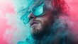 © Dulemegapixel - Profile view of a man wearing glasses surrounded by colorful smoke, combining elements of mystery, introspection, and artistic expression in a unique setting.