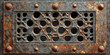 © AI_images - Aged metal grate with a repeating circle and square design, heavily rusted and oxidized, creating a detailed textured view of the weathered industrial surface