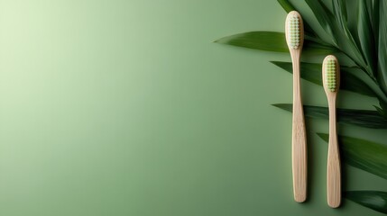 Two bamboo toothbrushes on a green background, surrounded by green leaves, representing eco-friendly living and sustainability in personal care products.