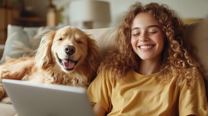 A cheerful curly-haired girl and her smiling golden retriever sit closely on a cozy couch, both seemingly engaged with a tablet, creating a joyful and harmonious scene.